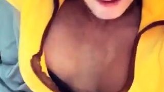Tranny with big tits tugs on her big cock